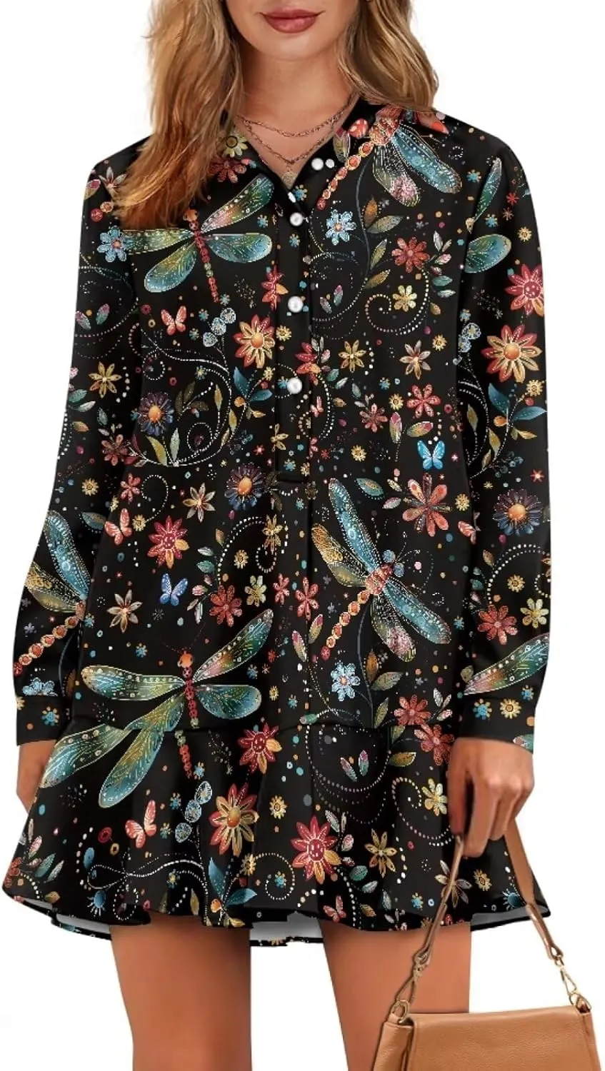 POLERO Womens Shirt Dress Printed Mini Dress with Pockets Long Sleeve Casual Short Tunic Sundress