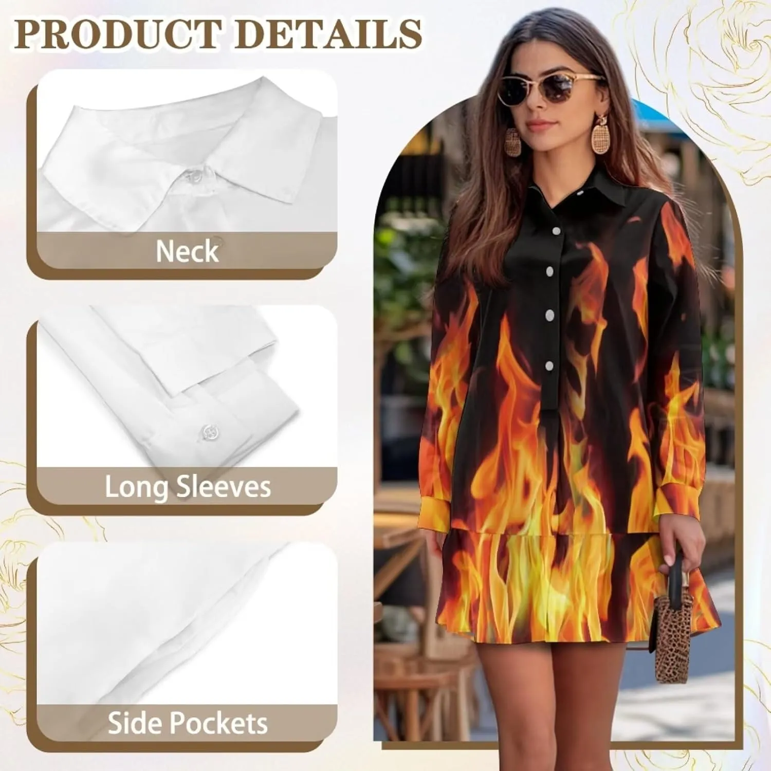 POLERO Womens Shirt Dress Printed Mini Dress with Pockets Long Sleeve Casual Short Tunic Sundress