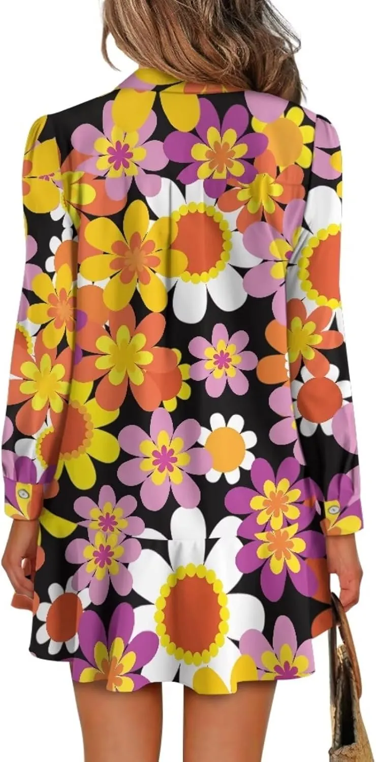 POLERO Womens Shirt Dress Printed Mini Dress with Pockets Long Sleeve Casual Short Tunic Sundress
