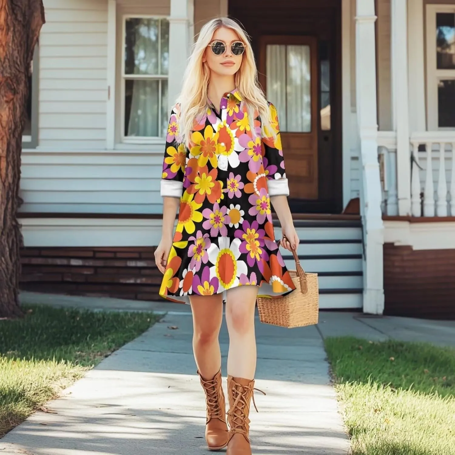 POLERO Womens Shirt Dress Printed Mini Dress with Pockets Long Sleeve Casual Short Tunic Sundress