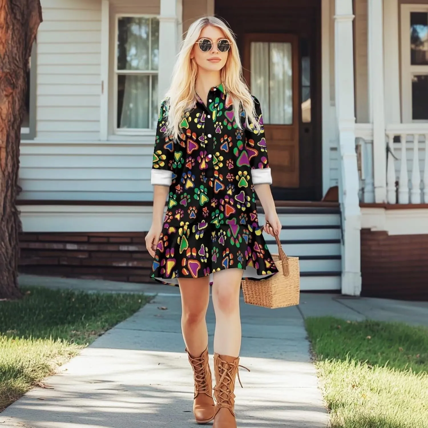 POLERO Womens Shirt Dress Printed Mini Dress with Pockets Long Sleeve Casual Short Tunic Sundress