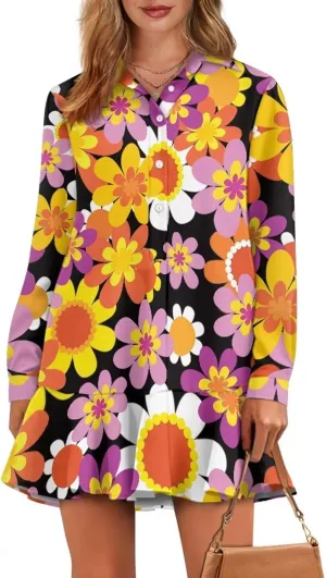 POLERO Womens Shirt Dress Printed Mini Dress with Pockets Long Sleeve Casual Short Tunic Sundress