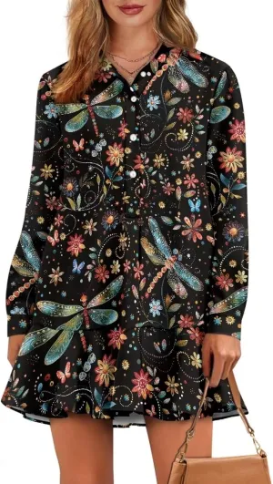 POLERO Womens Shirt Dress Printed Mini Dress with Pockets Long Sleeve Casual Short Tunic Sundress
