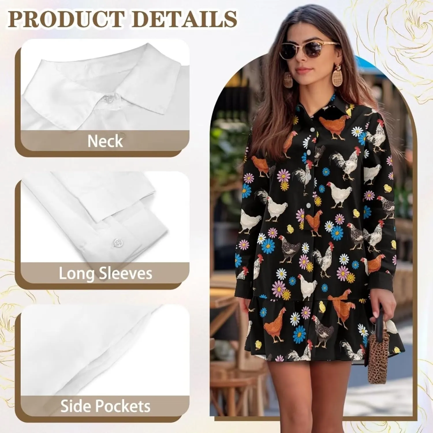 POLERO Womens Shirt Dress Printed Mini Dress with Pockets Long Sleeve Casual Short Tunic Sundress
