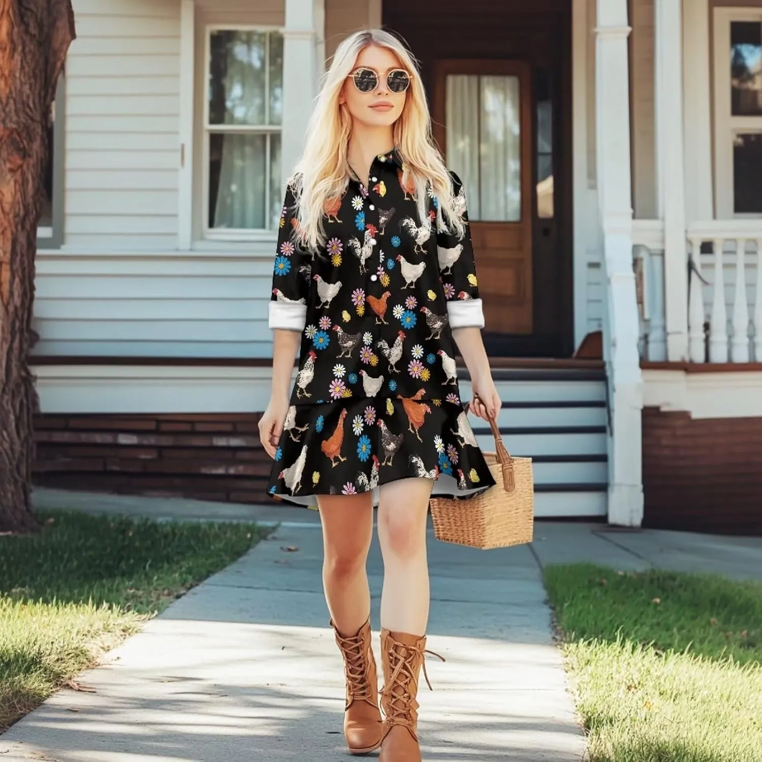 POLERO Womens Shirt Dress Printed Mini Dress with Pockets Long Sleeve Casual Short Tunic Sundress