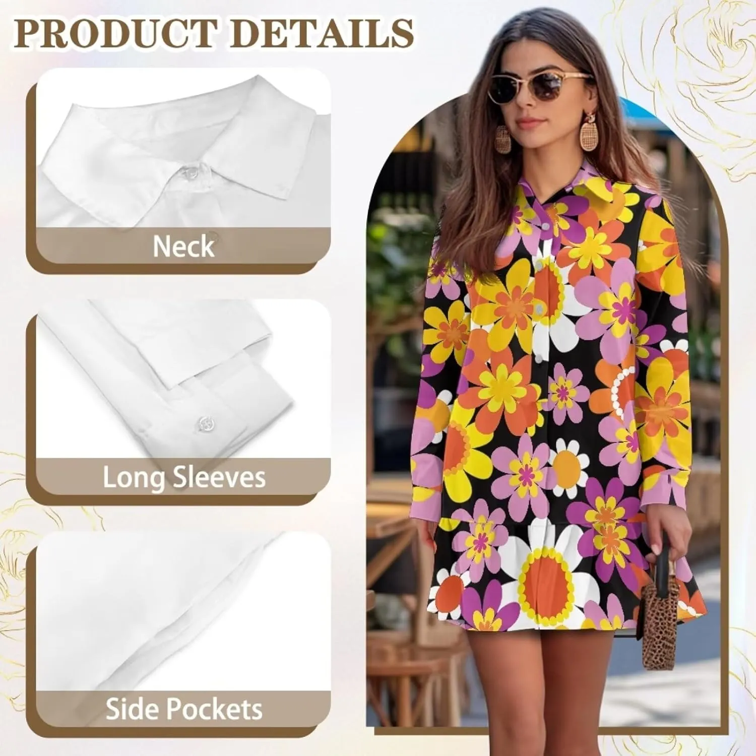 POLERO Womens Shirt Dress Printed Mini Dress with Pockets Long Sleeve Casual Short Tunic Sundress