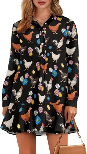 POLERO Womens Shirt Dress Printed Mini Dress with Pockets Long Sleeve Casual Short Tunic Sundress