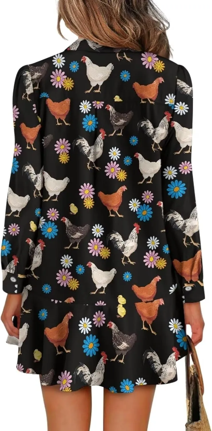 POLERO Womens Shirt Dress Printed Mini Dress with Pockets Long Sleeve Casual Short Tunic Sundress