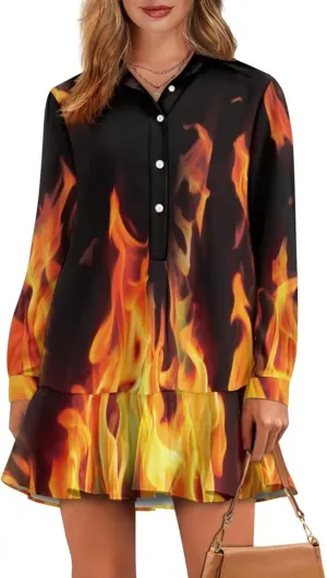 POLERO Womens Shirt Dress Printed Mini Dress with Pockets Long Sleeve Casual Short Tunic Sundress