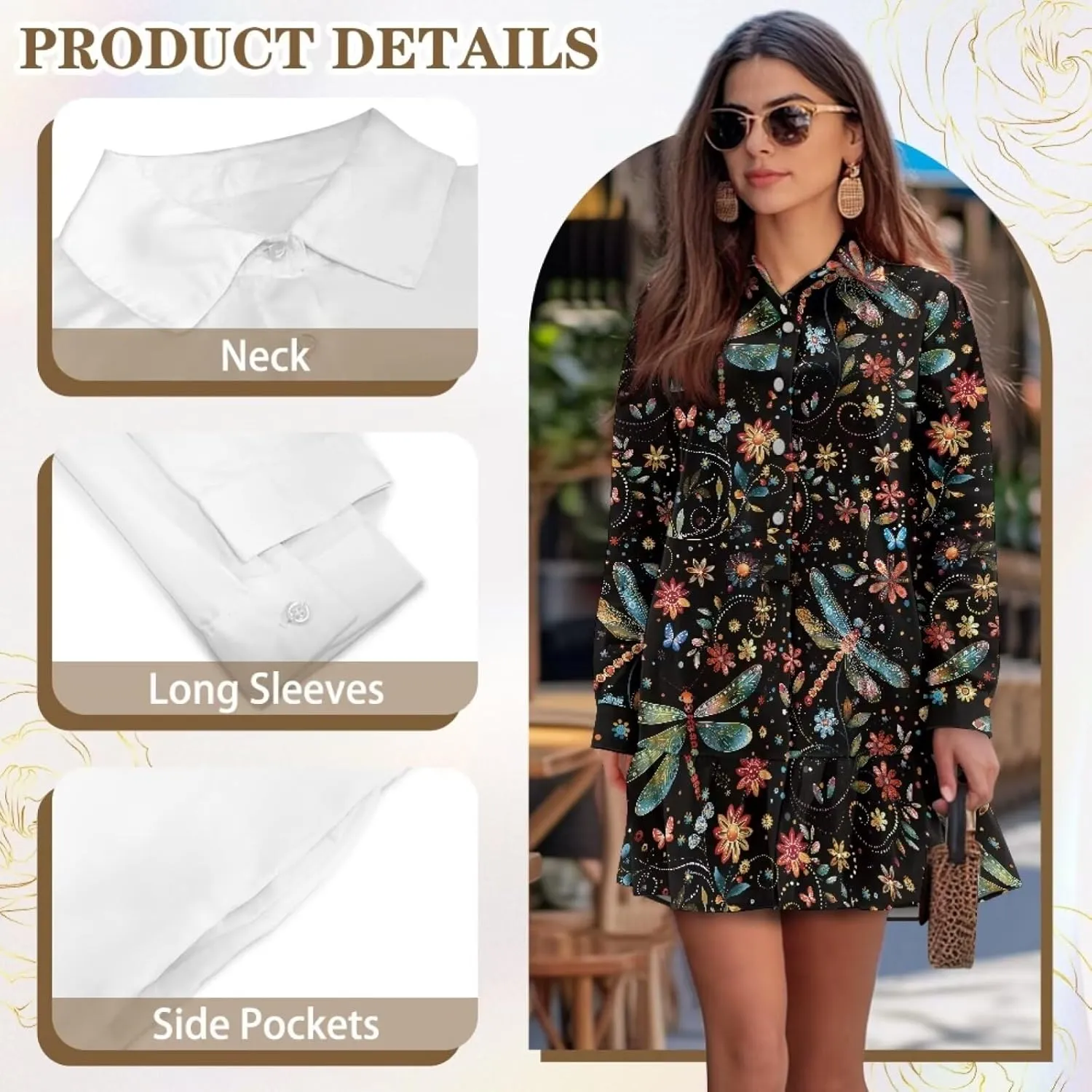 POLERO Womens Shirt Dress Printed Mini Dress with Pockets Long Sleeve Casual Short Tunic Sundress