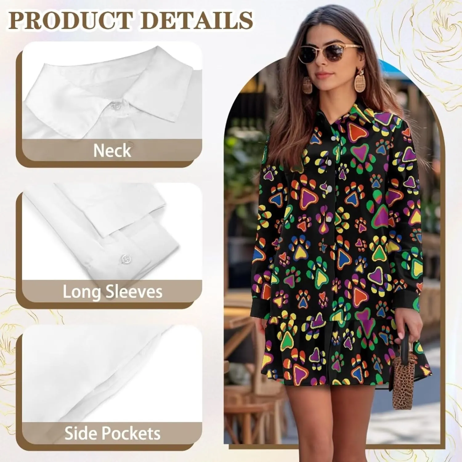 POLERO Womens Shirt Dress Printed Mini Dress with Pockets Long Sleeve Casual Short Tunic Sundress