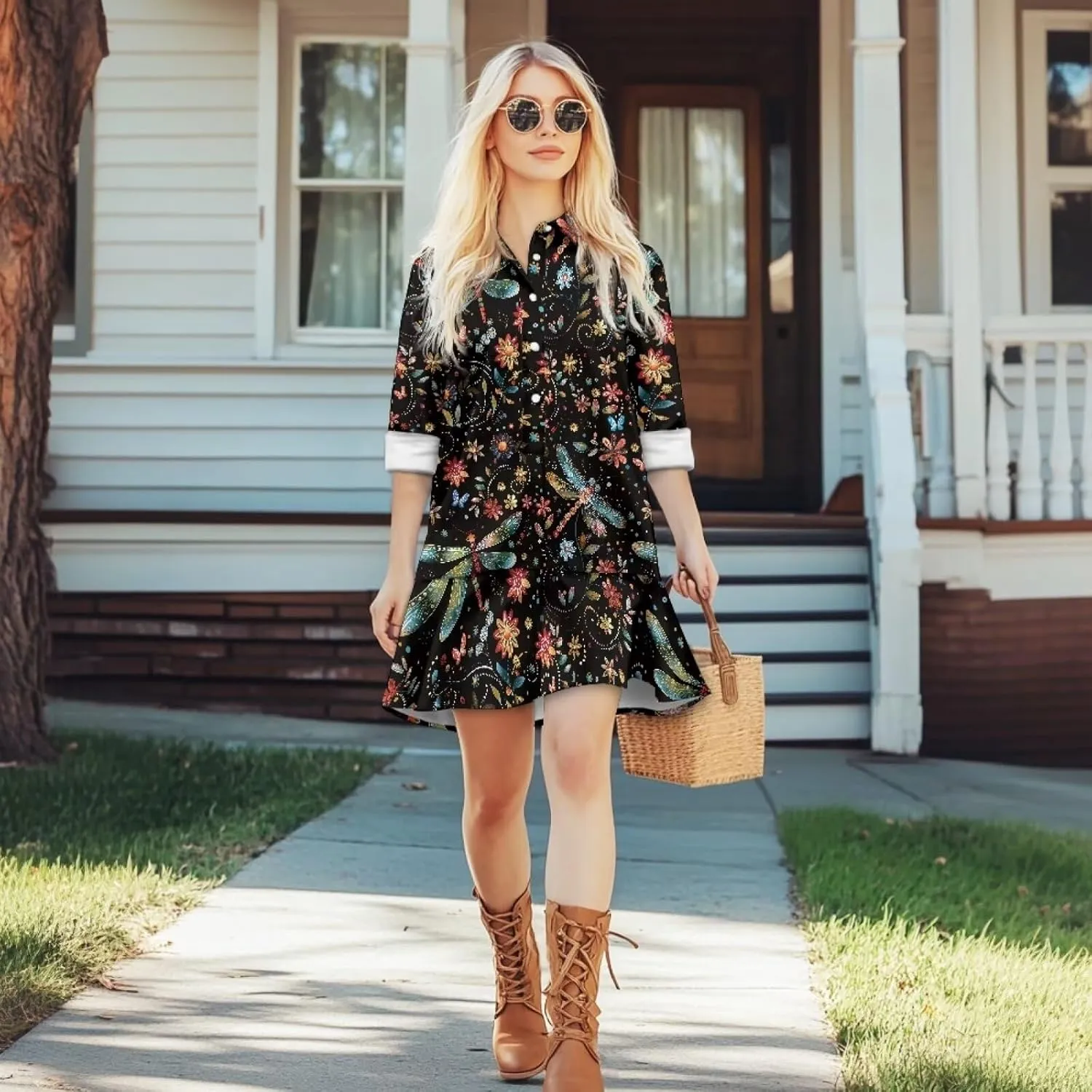 POLERO Womens Shirt Dress Printed Mini Dress with Pockets Long Sleeve Casual Short Tunic Sundress