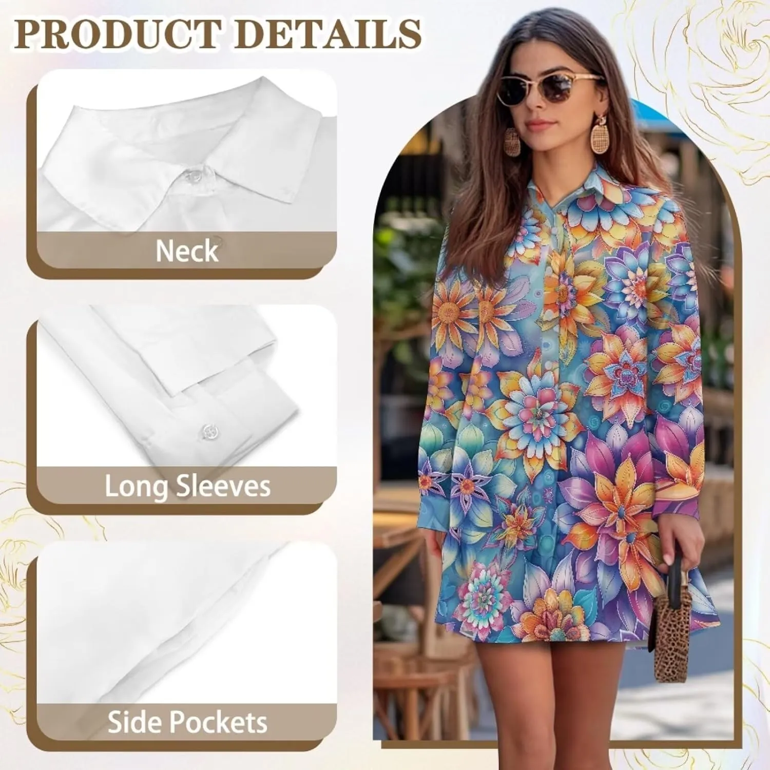 POLERO Womens Tunic Shirt Dress Long Sleeve Short Sundress Button Down V Neck Mini Dress with Pocket