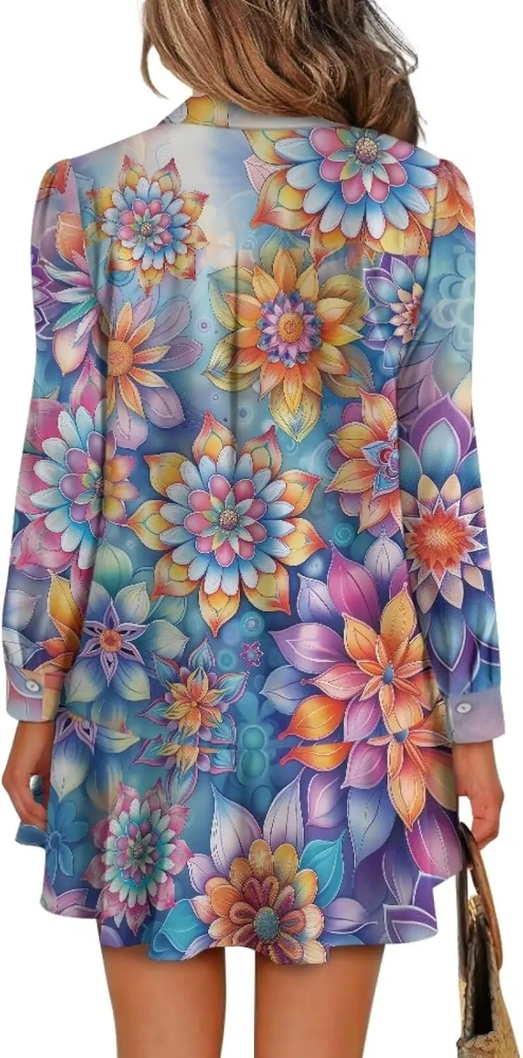 POLERO Womens Tunic Shirt Dress Long Sleeve Short Sundress Button Down V Neck Mini Dress with Pocket