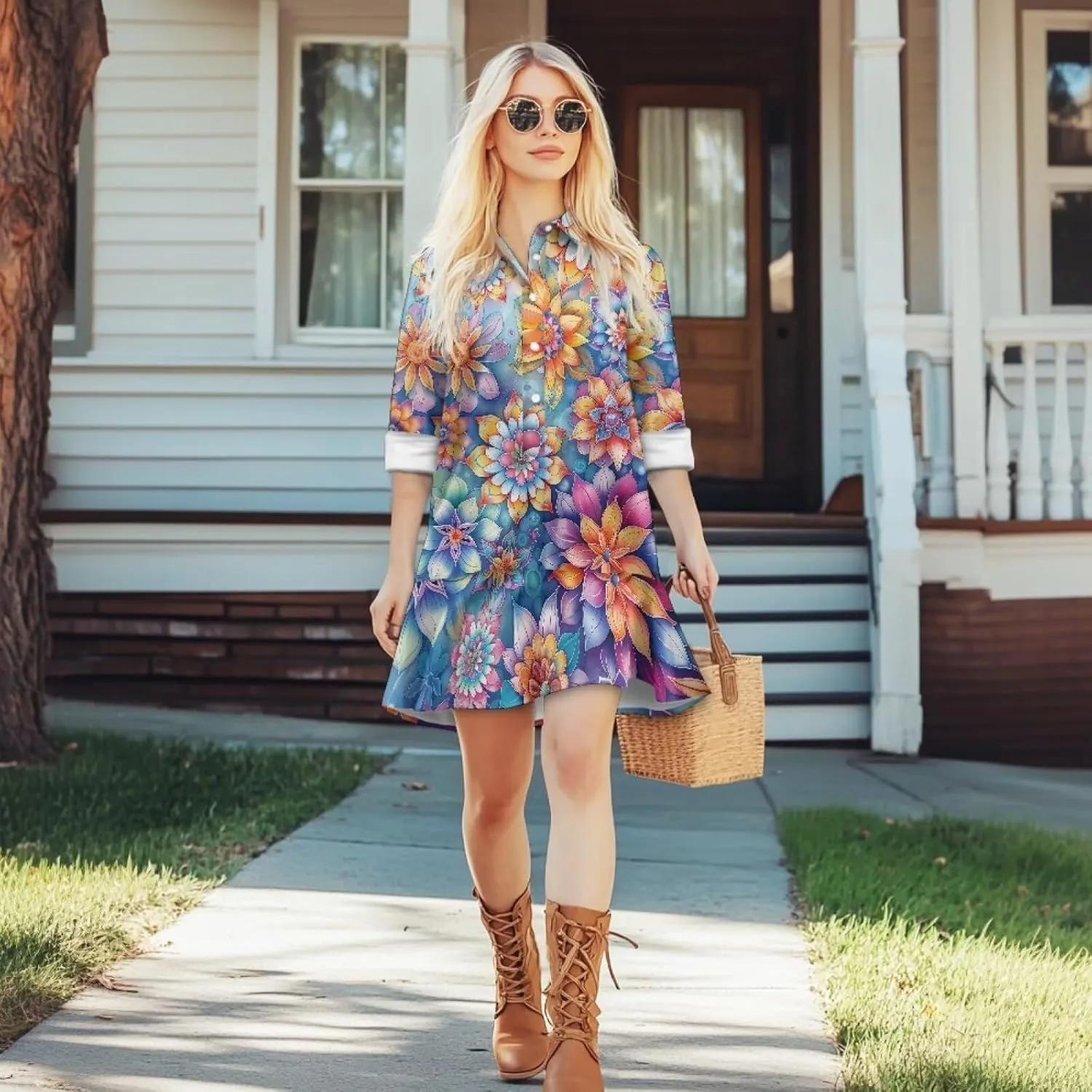 POLERO Womens Tunic Shirt Dress Long Sleeve Short Sundress Button Down V Neck Mini Dress with Pocket