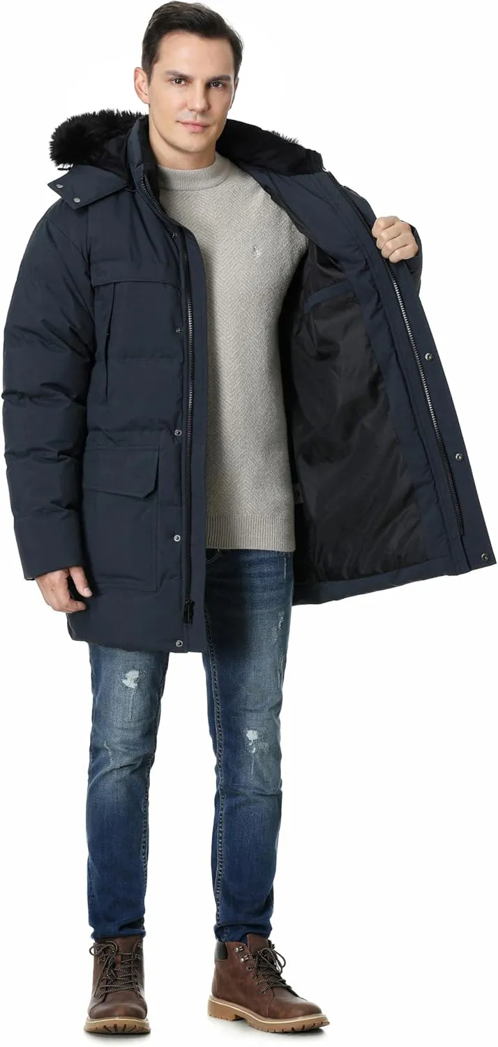 Pooluly Men's Winter Coat with Detachable Hood Heavyweight Long Down Jacket Warm Puffer Parka Jacket