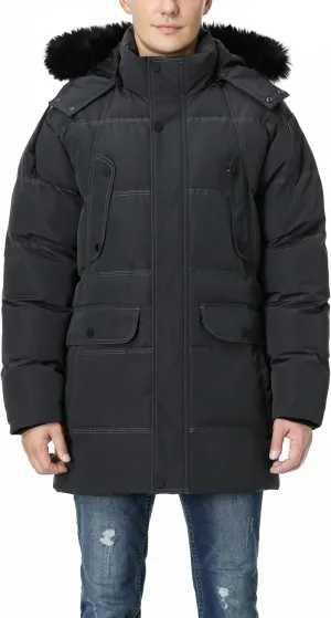 Pooluly Men's Winter Coat with Detachable Hood Heavyweight Long Down Jacket Warm Puffer Parka Jacket