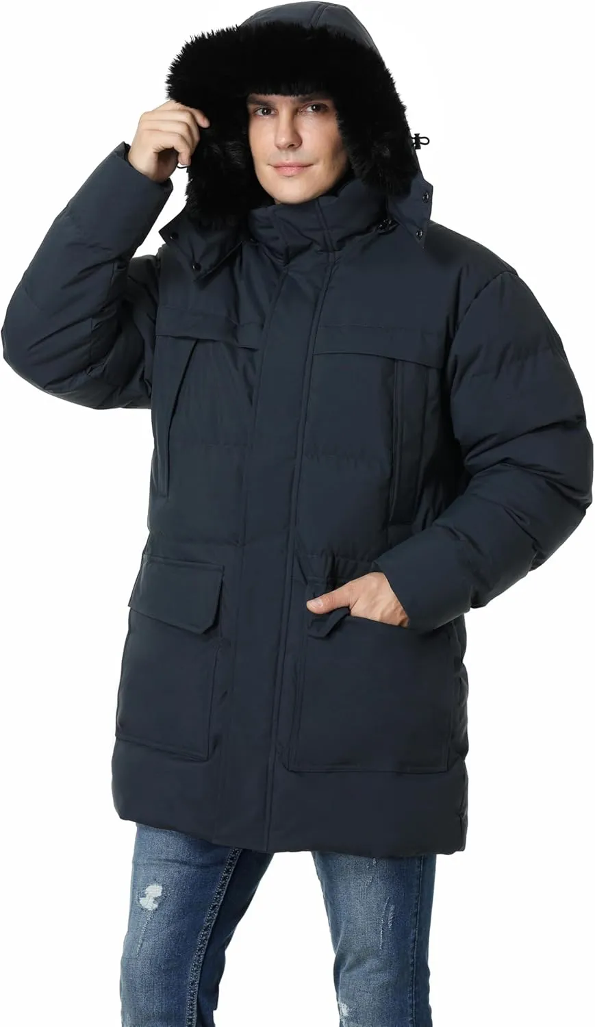 Pooluly Men's Winter Coat with Detachable Hood Heavyweight Long Down Jacket Warm Puffer Parka Jacket