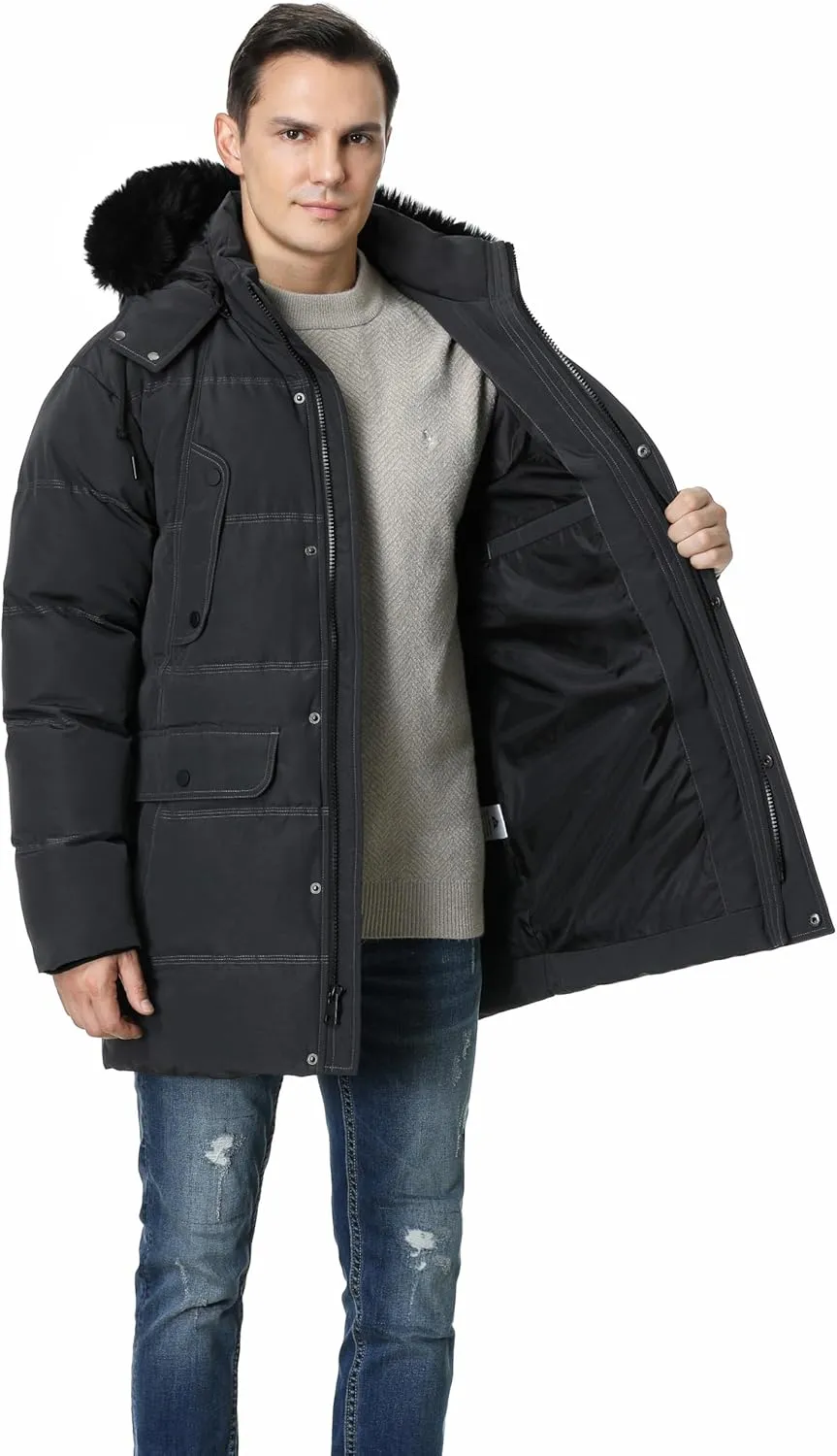 Pooluly Men's Winter Coat with Detachable Hood Heavyweight Long Down Jacket Warm Puffer Parka Jacket