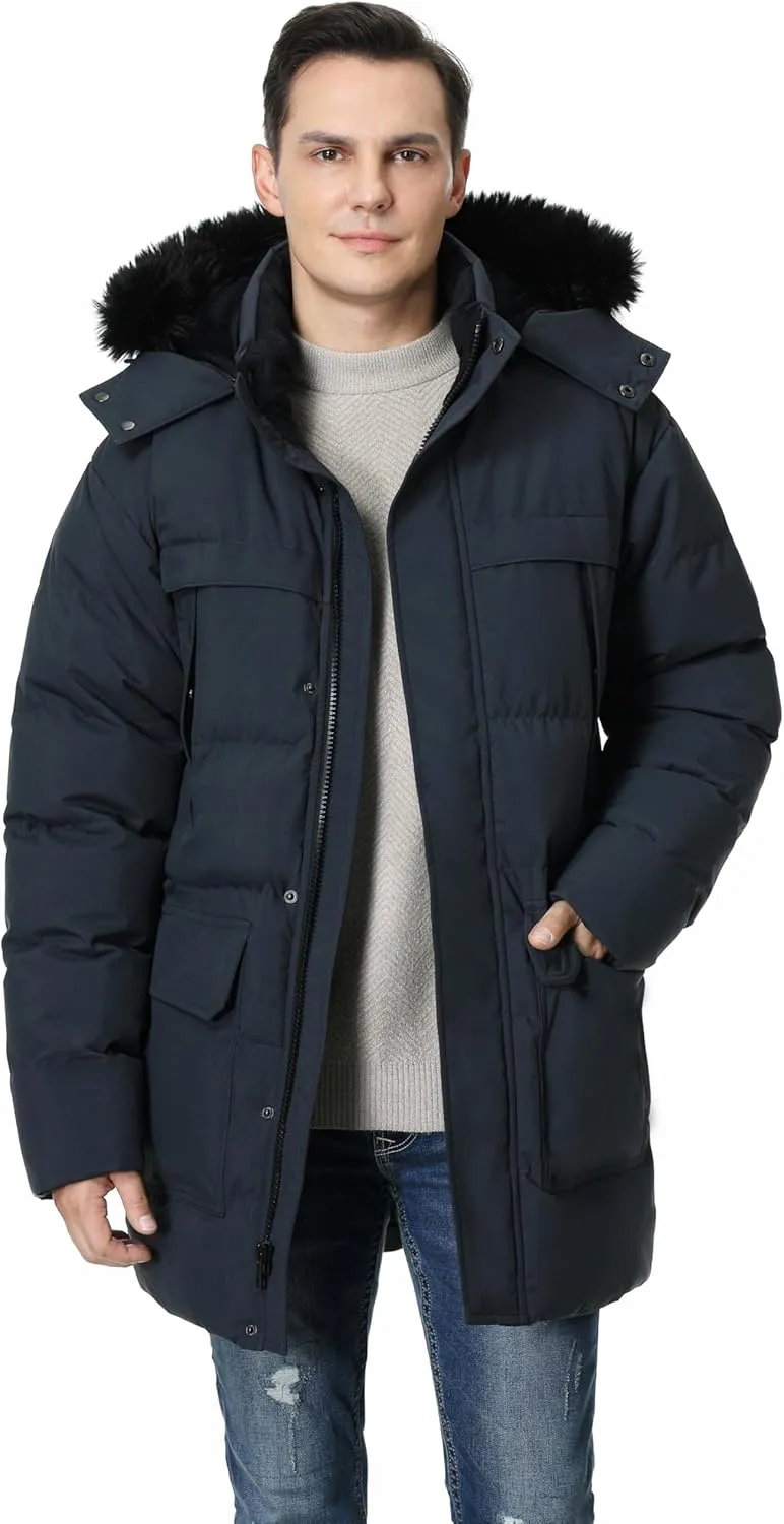 Pooluly Men's Winter Coat with Detachable Hood Heavyweight Long Down Jacket Warm Puffer Parka Jacket