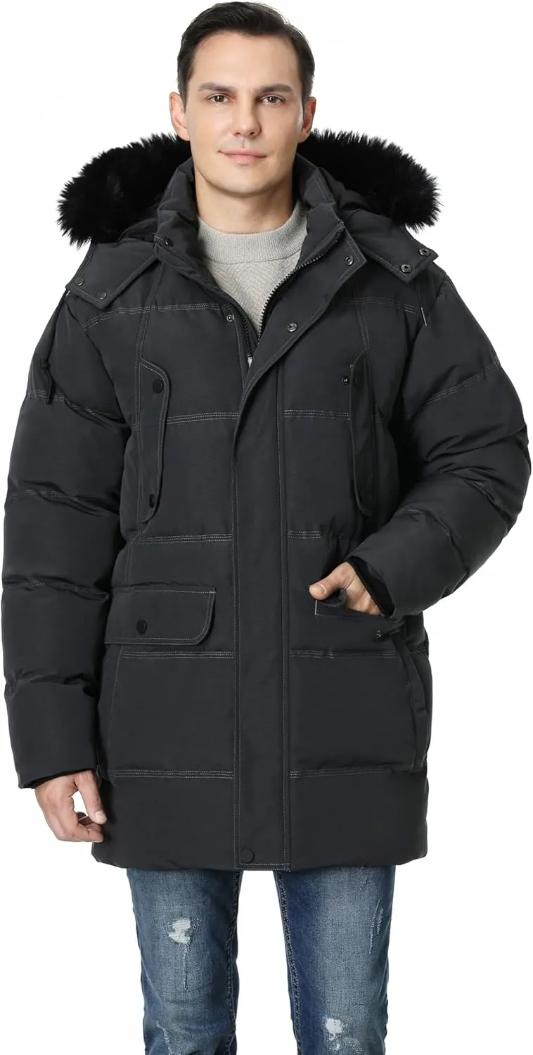 Pooluly Men's Winter Coat with Detachable Hood Heavyweight Long Down Jacket Warm Puffer Parka Jacket