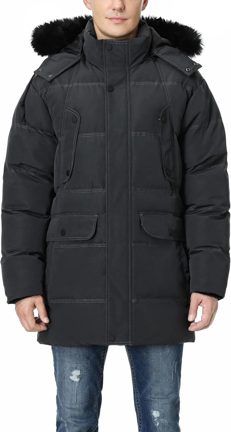 Pooluly Men's Winter Coat with Detachable Hood Heavyweight Long Down Jacket Warm Puffer Parka Jacket