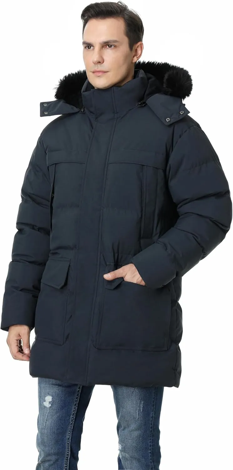 Pooluly Men's Winter Coat with Detachable Hood Heavyweight Long Down Jacket Warm Puffer Parka Jacket
