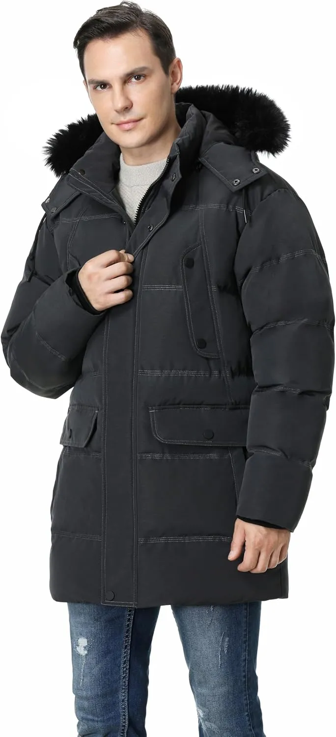 Pooluly Men's Winter Coat with Detachable Hood Heavyweight Long Down Jacket Warm Puffer Parka Jacket