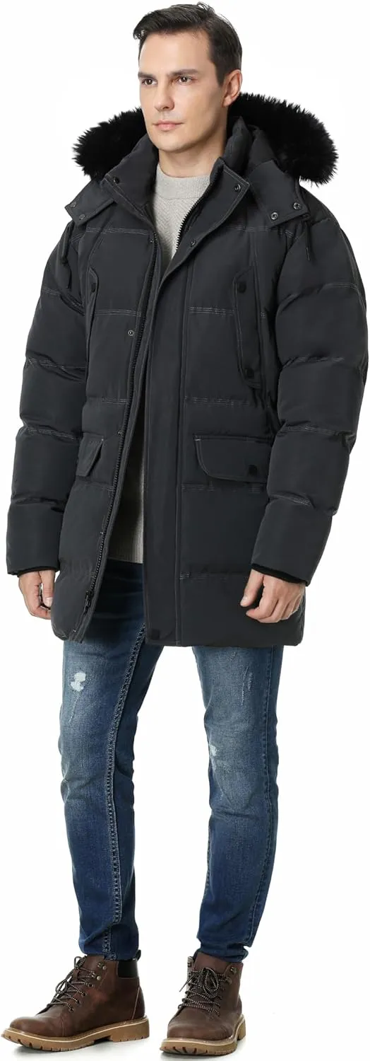 Pooluly Men's Winter Coat with Detachable Hood Heavyweight Long Down Jacket Warm Puffer Parka Jacket