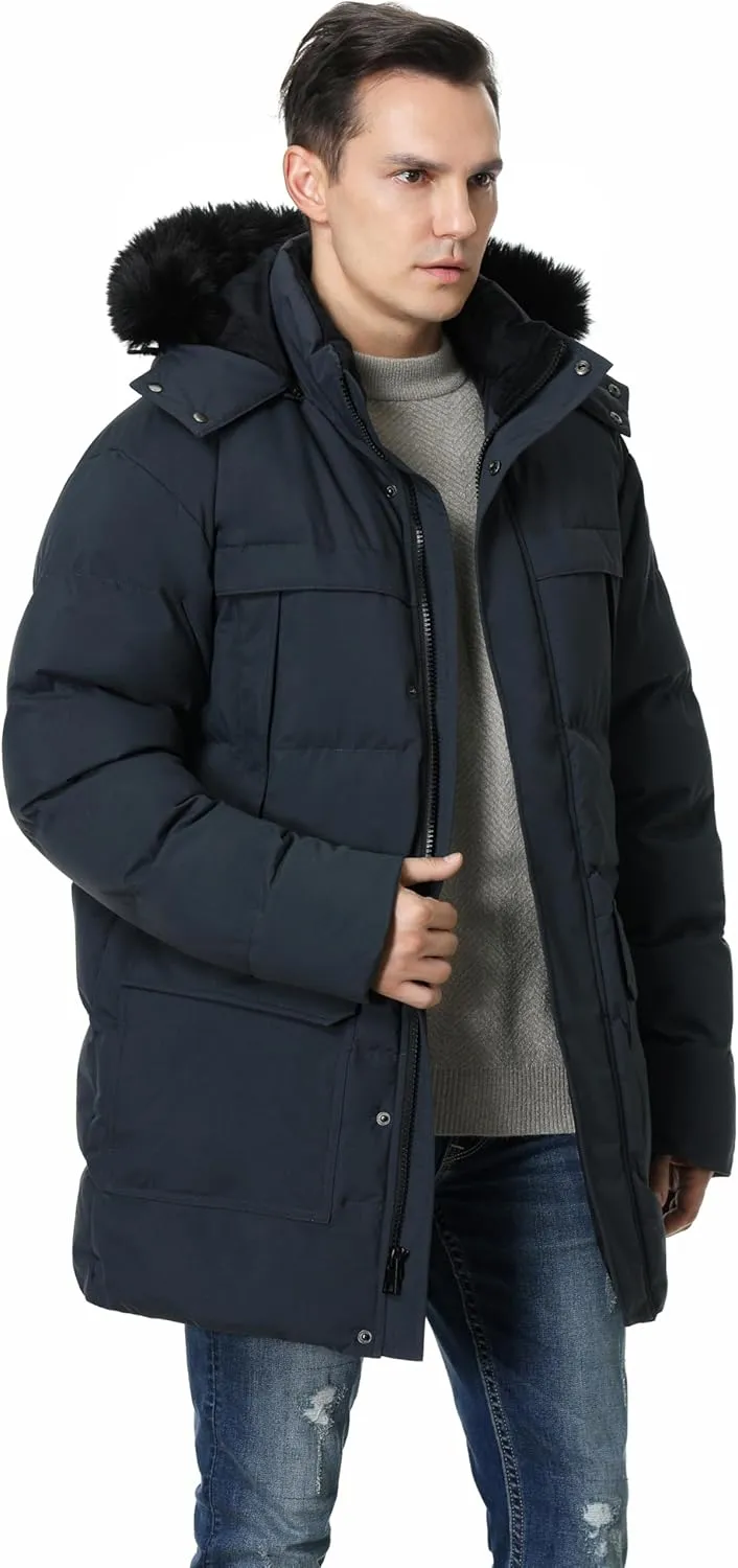 Pooluly Men's Winter Coat with Detachable Hood Heavyweight Long Down Jacket Warm Puffer Parka Jacket