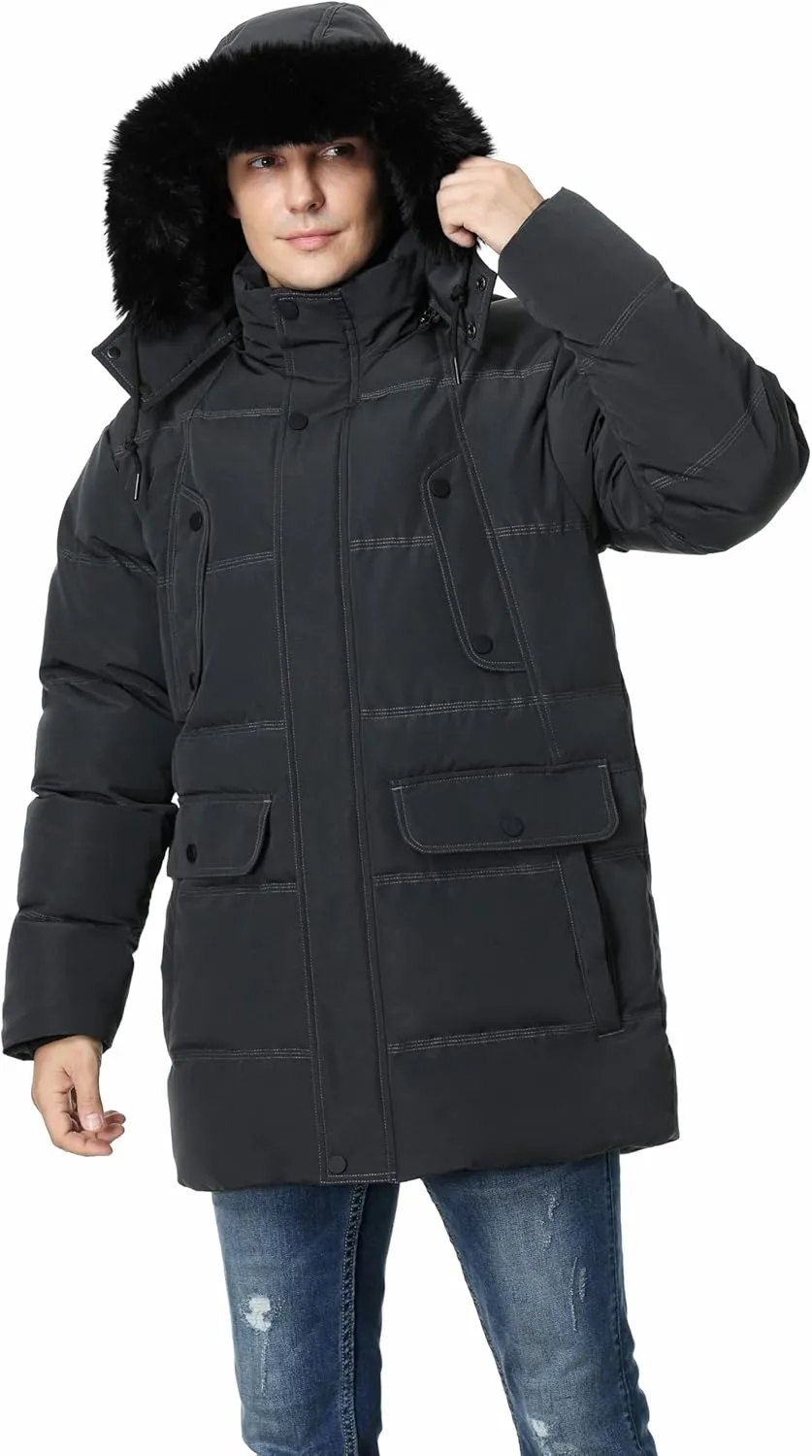 Pooluly Men's Winter Coat with Detachable Hood Heavyweight Long Down Jacket Warm Puffer Parka Jacket