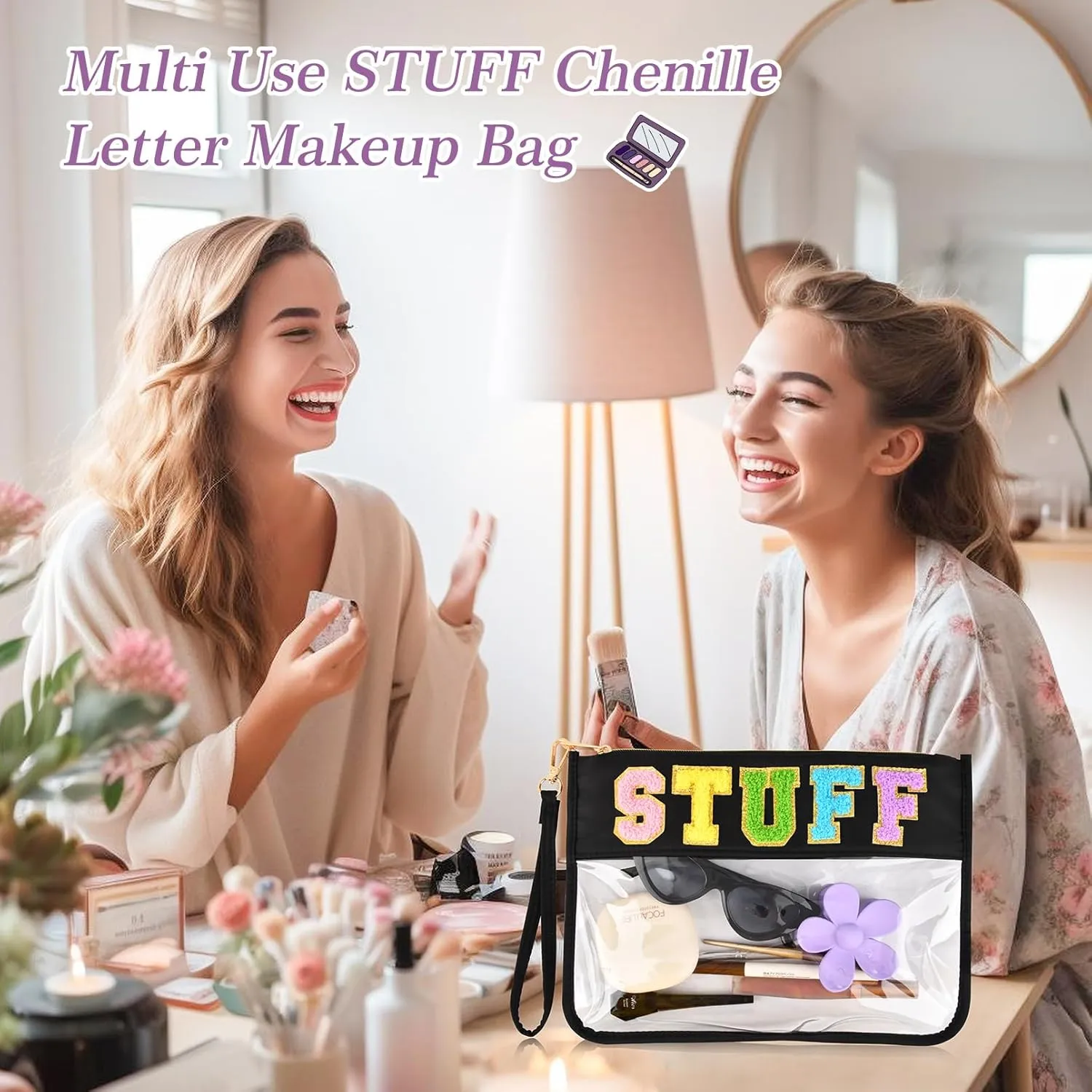Preppy Boho Patch Makeup Bag Chenille Letter Stuff Pouch Cosmetic Organizer Stoney Clover Trendy Stuff Pouch for Cosmetics
