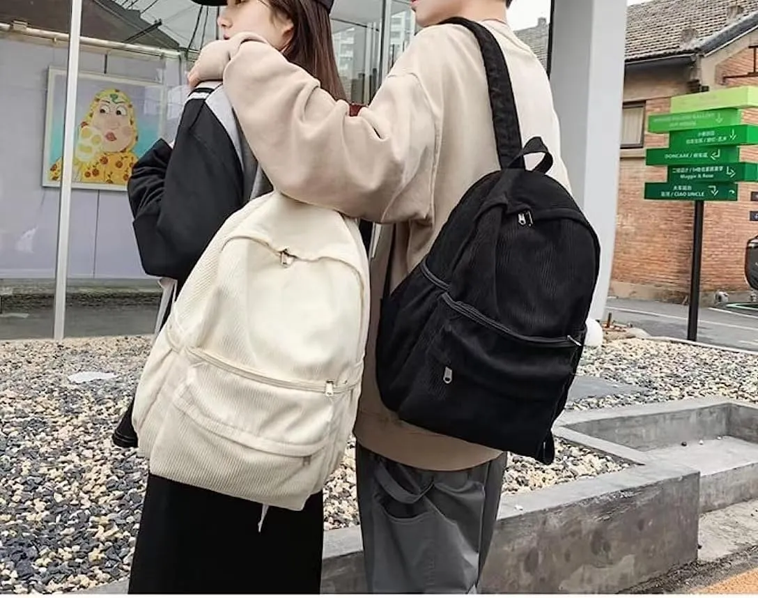 Preppy Corduroy Backpack Large Aesthetic Backpack Fit 15.6 inch Laptop College Backpack Cute Book Bag Casual Daypack (Black,One Size)