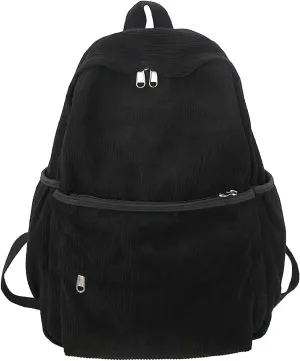 Preppy Corduroy Backpack Large Aesthetic Backpack Fit 15.6 inch Laptop College Backpack Cute Book Bag Casual Daypack (Black,One Size)