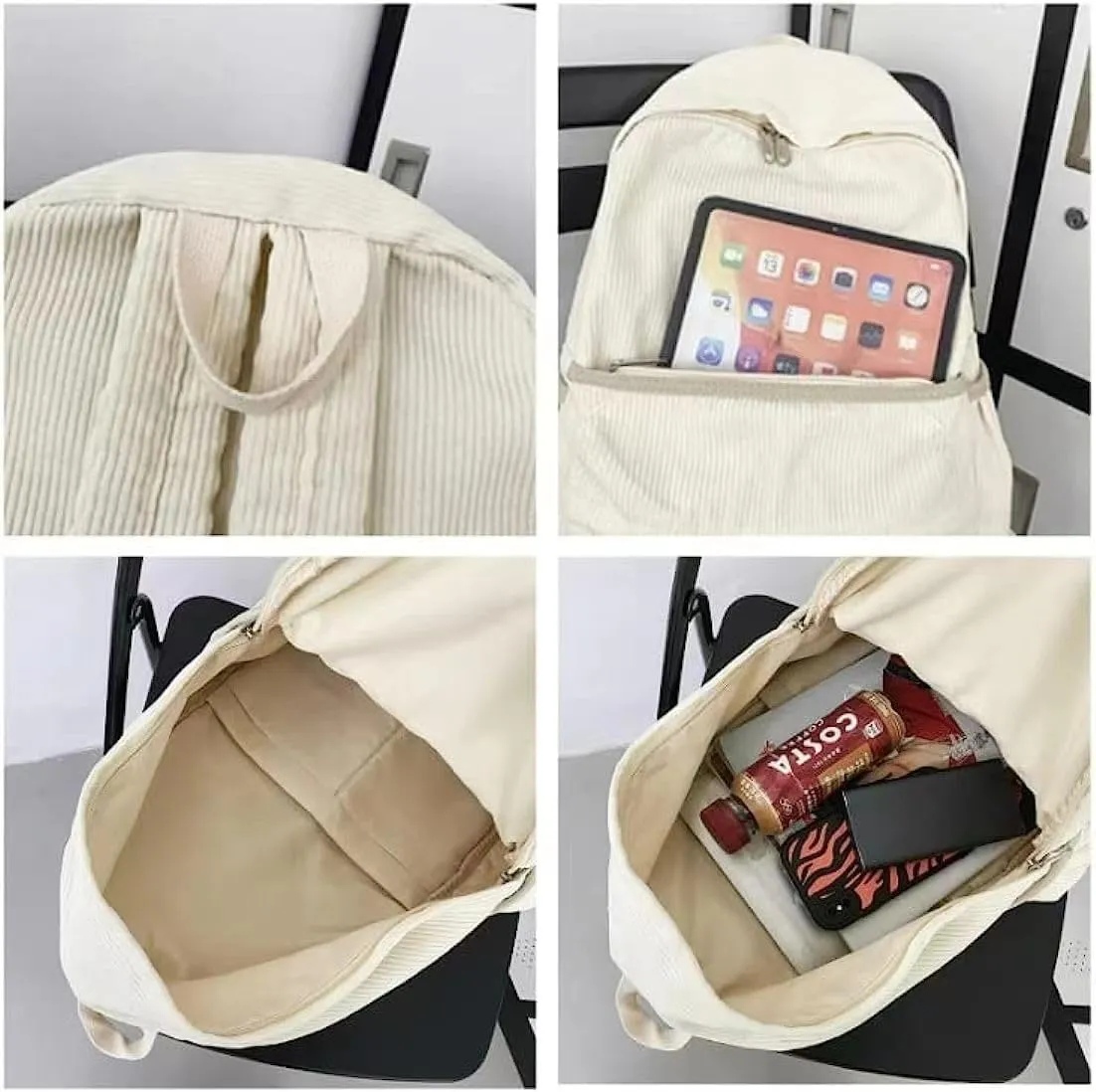 Preppy Corduroy Backpack Large Aesthetic Backpack Fit 15.6 inch Laptop College Backpack Cute Book Bag Casual Daypack (Black,One Size)