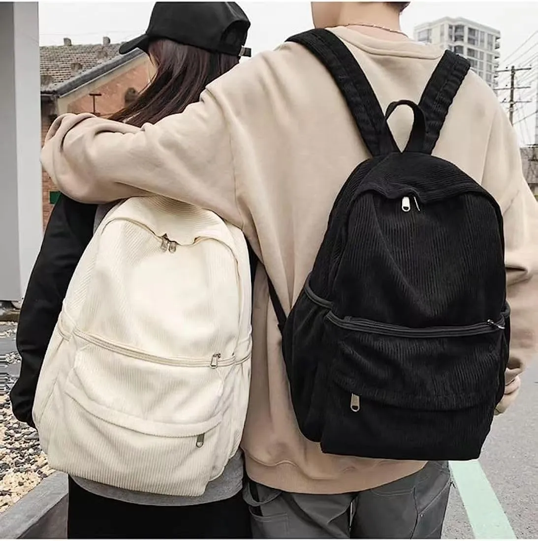 Preppy Corduroy Backpack Large Aesthetic Backpack Fit 15.6 inch Laptop College Backpack Cute Book Bag Casual Daypack (Black,One Size)
