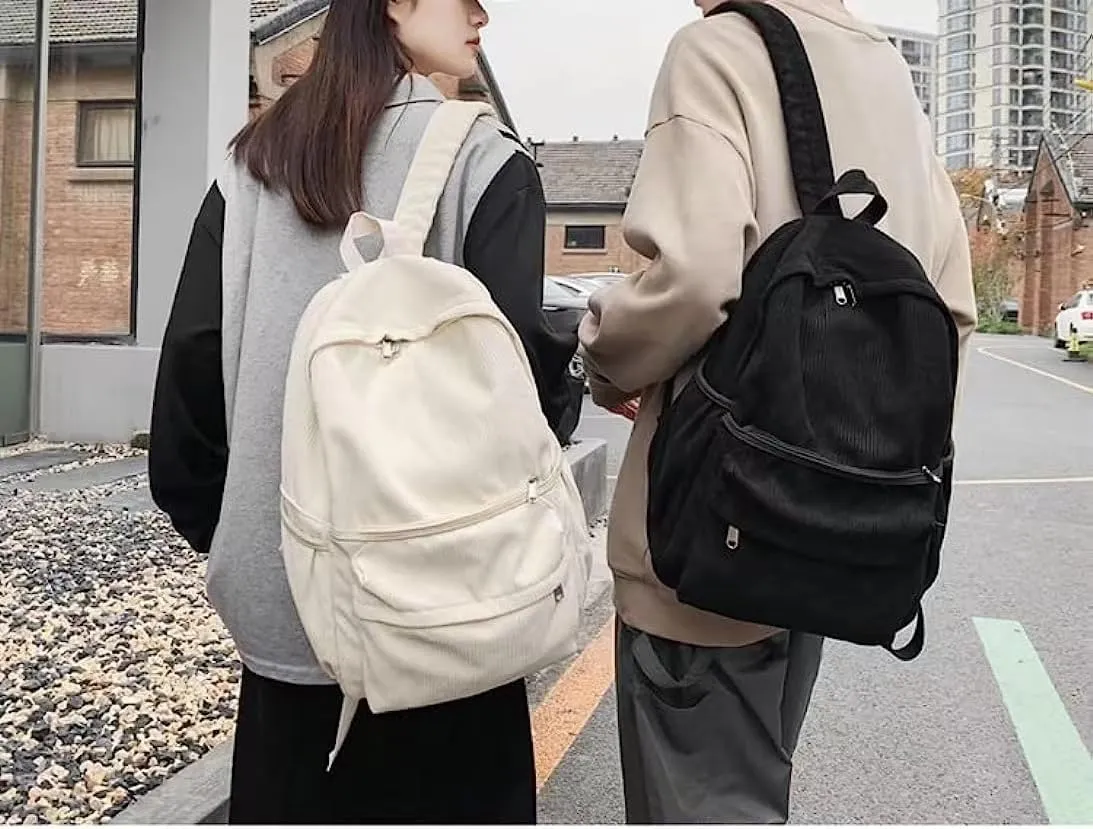 Preppy Corduroy Backpack Large Aesthetic Backpack Fit 15.6 inch Laptop College Backpack Cute Book Bag Casual Daypack (Black,One Size)