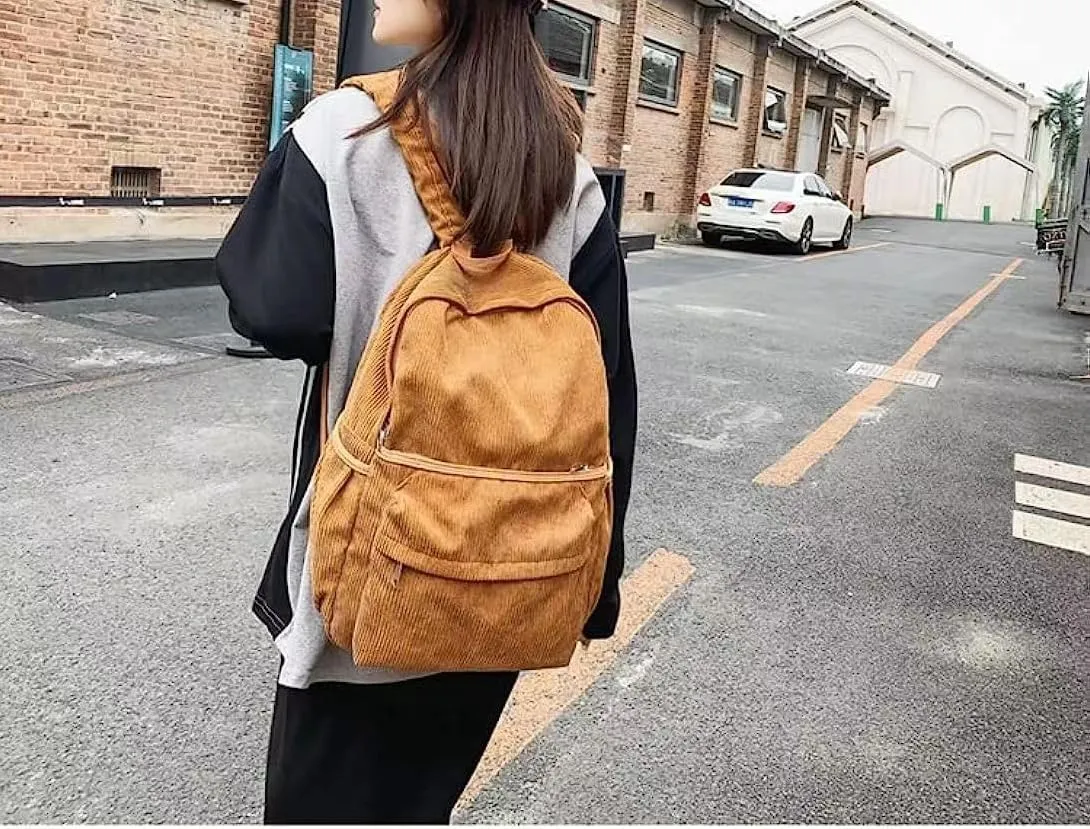 Preppy Corduroy Backpack Large Aesthetic Backpack Fit 15.6 inch Laptop College Backpack Cute Book Bag Casual Daypack (Brown,One Size)