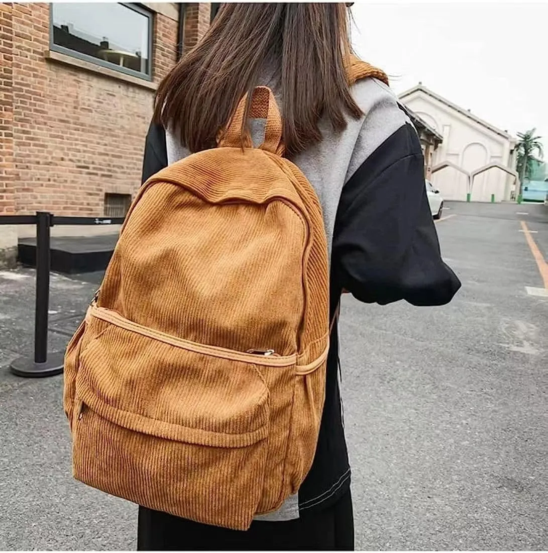 Preppy Corduroy Backpack Large Aesthetic Backpack Fit 15.6 inch Laptop College Backpack Cute Book Bag Casual Daypack (Brown,One Size)