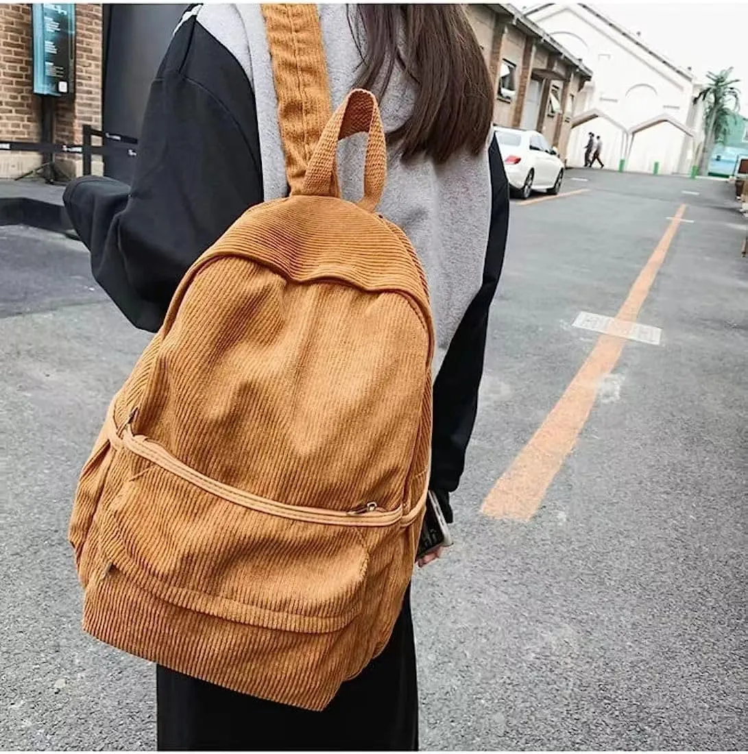Preppy Corduroy Backpack Large Aesthetic Backpack Fit 15.6 inch Laptop College Backpack Cute Book Bag Casual Daypack (Brown,One Size)