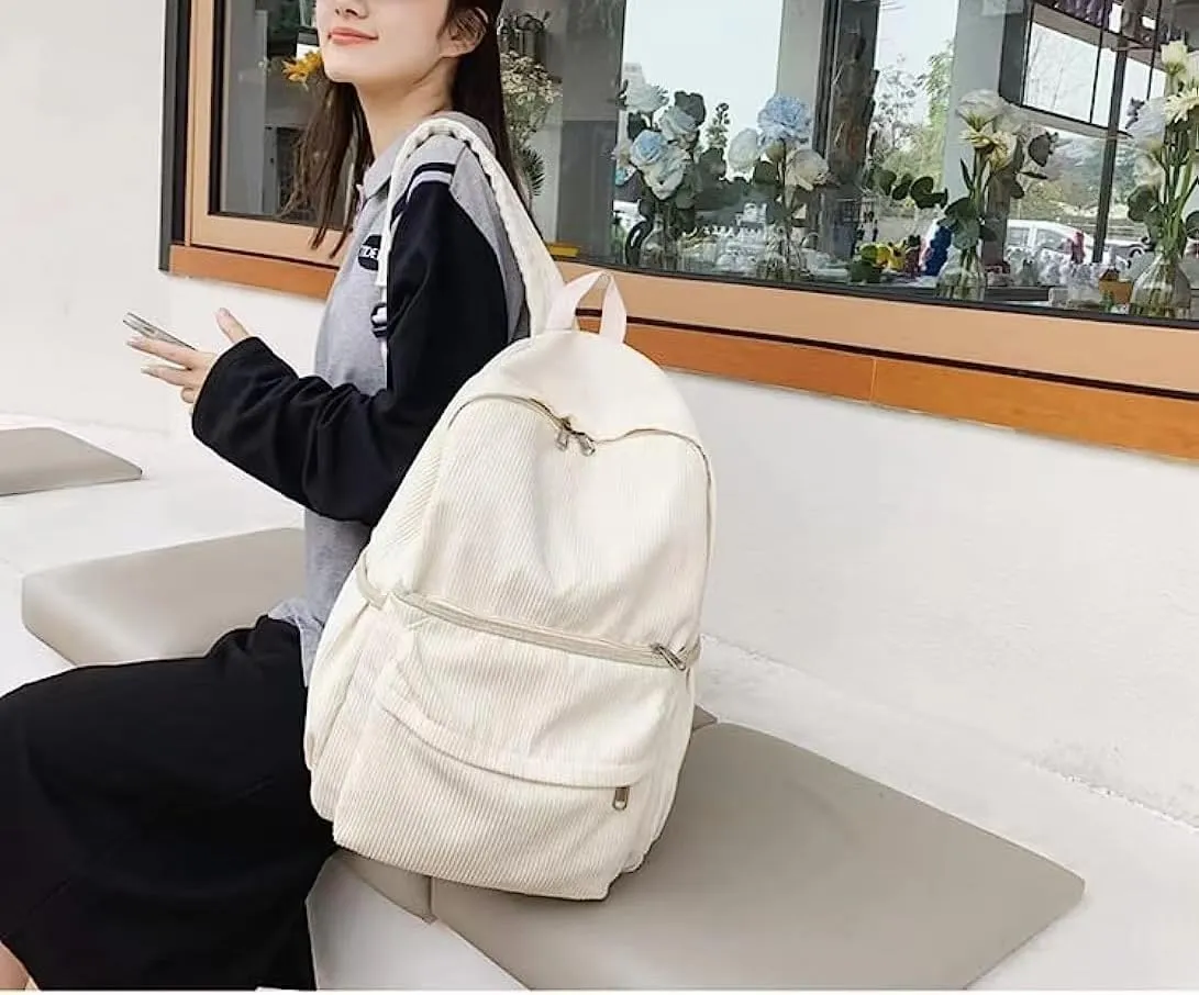 Preppy Corduroy Backpack Large Aesthetic Backpack Fit 15.6 inch Laptop College Backpack Cute Book Bag Casual Daypack (White,One Size)
