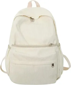 Preppy Corduroy Backpack Large Aesthetic Backpack Fit 15.6 inch Laptop College Backpack Cute Book Bag Casual Daypack (White,One Size)