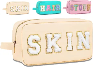 Preppy Makeup Bag for Women, Cosmetic Bag Letter Pouch Purse with Handle, Waterproof Portable Glitter Nylon Travel Toiletry Bag Organizer with Zipper (A-Beige)