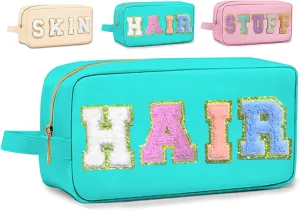 Preppy Makeup Bag for Women, Cosmetic Bag Letter Pouch Purse with Handle, Waterproof Portable Glitter Nylon Travel Toiletry Bag Organizer with Zipper (A-Blue)