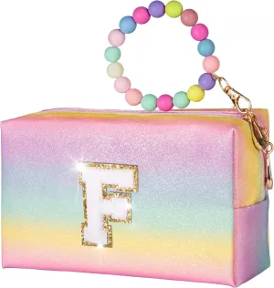 Preppy Makeup Bag, Small Cosmetic Travel Bags for Kids, PU Leather Waterproof Toiletry Bag with Zipper, Personalized Birthday Gift For Kids Girl, Preppy Gifts For Girl (Letter F)