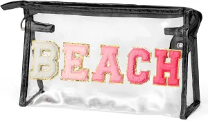 Preppy Patch Cosmetic Bag - Summer Beach Chenille Varsity Letter Clear Makeup Bag Aesthetic Waterproof Portable Toiletry Kit Clutch Purse Travel Pouch for Women Girls(Rose Red Black)
