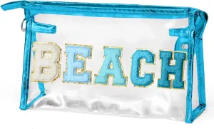 Preppy Patch Cosmetic Bag - Summer Beach Chenille Varsity Letter Clear Makeup Bag Waterproof Portable Toiletry Kit Purse Travel Beach Makeup Pouch Summer Gift for Women (Gradient Blue)