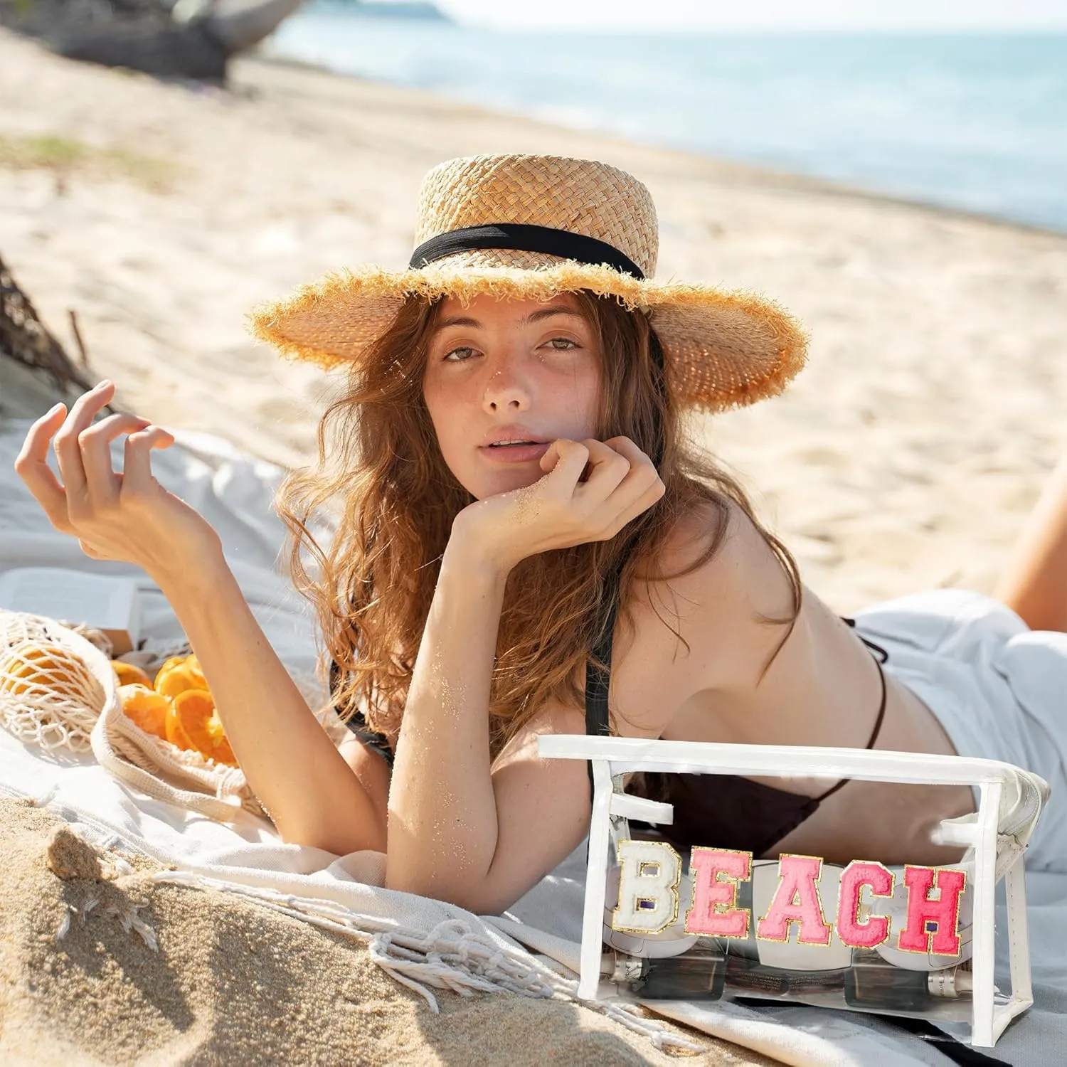 Preppy Patch Cosmetic Bag - Summer Gifts BEACH Chenille Varsity Letter Clear Toiletry Kit Aesthetic Waterproof Portable Makeup Bag Clutch Purse Travel Toiletry Pouch for Women Girls