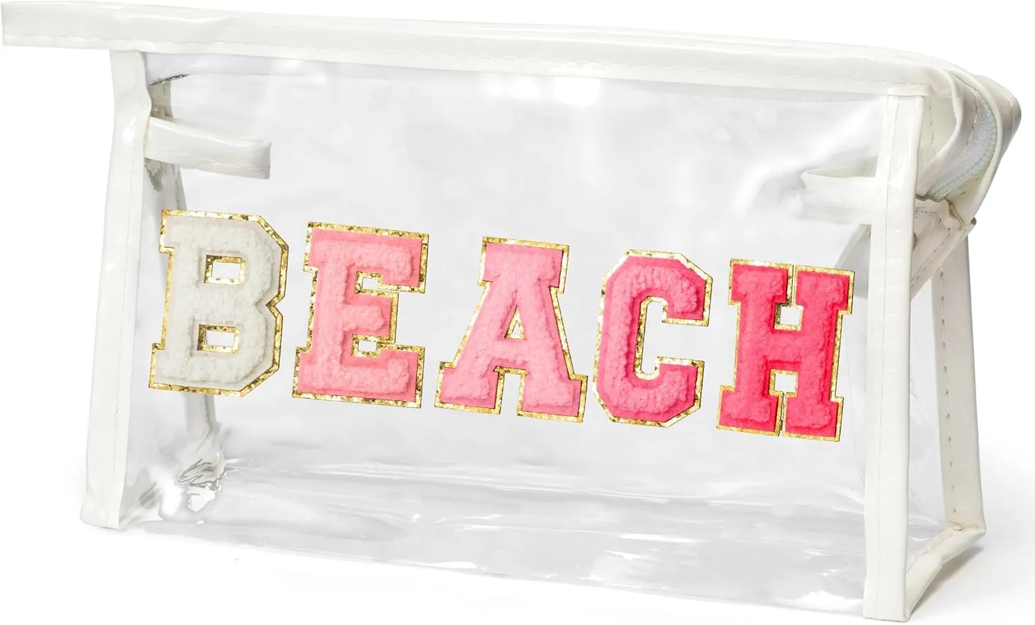 Preppy Patch Cosmetic Bag - Summer Gifts BEACH Chenille Varsity Letter Clear Toiletry Kit Aesthetic Waterproof Portable Makeup Bag Clutch Purse Travel Toiletry Pouch for Women Girls