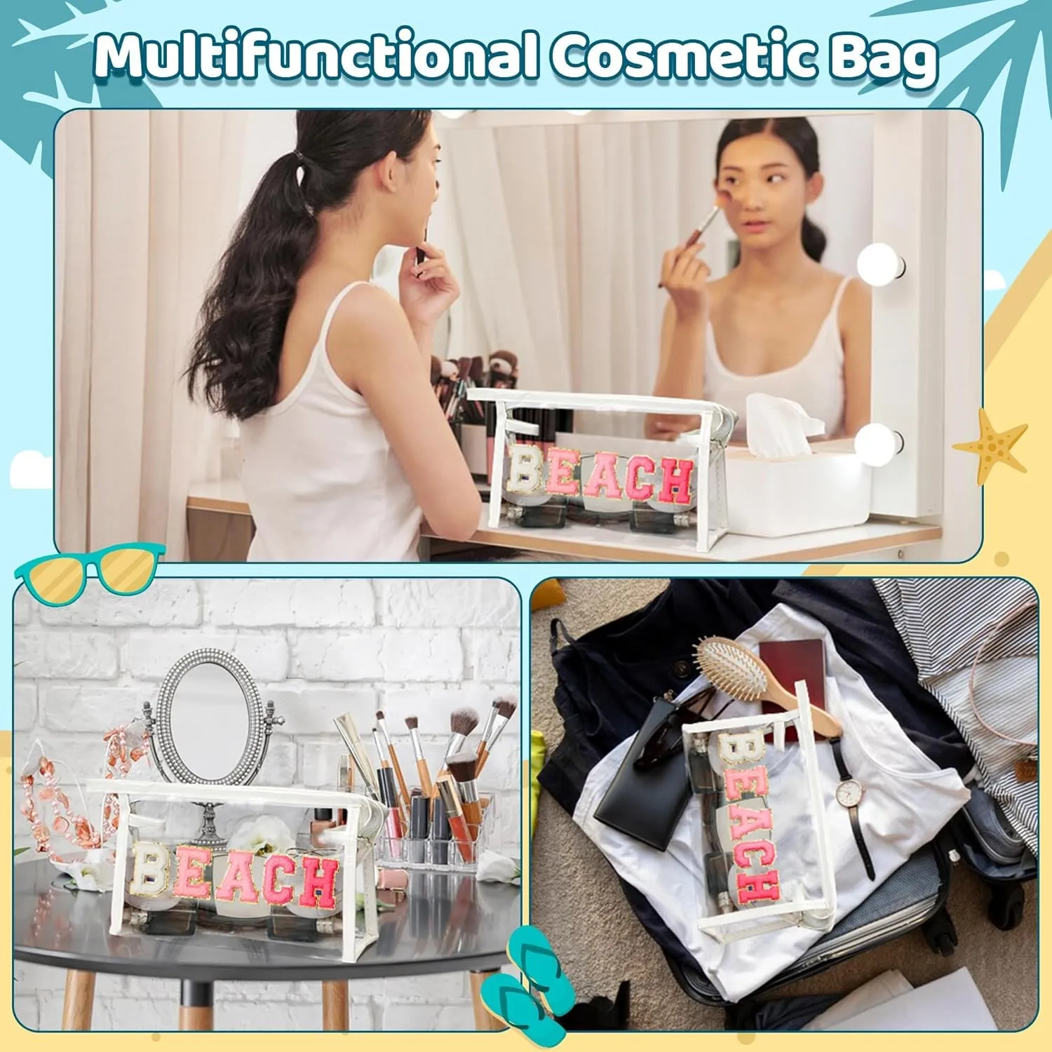 Preppy Patch Cosmetic Bag - Summer Gifts BEACH Chenille Varsity Letter Clear Toiletry Kit Aesthetic Waterproof Portable Makeup Bag Clutch Purse Travel Toiletry Pouch for Women Girls